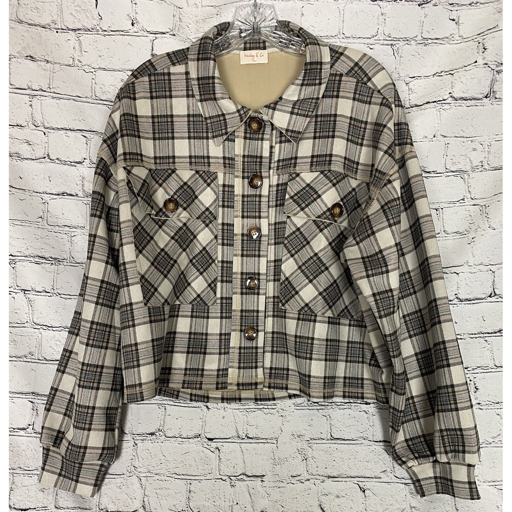 Hailey &Co NWOT‎ Pink Blue Black Plaid Slightly Cropped M Plaid Jacket